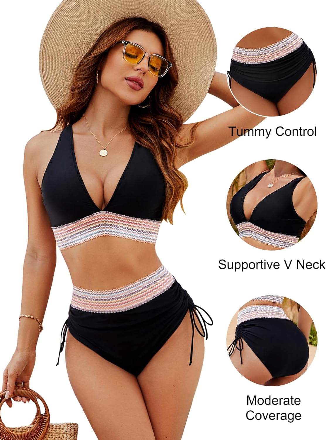 Høj Talje Tummy Control Farveblok Bikini Sæt